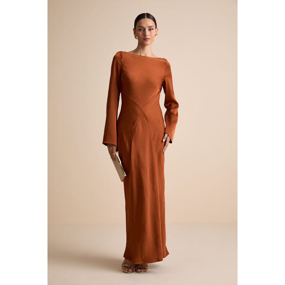 Lulus Kae Rust Orange Satin Cowl Back Maxi Dress - Size M